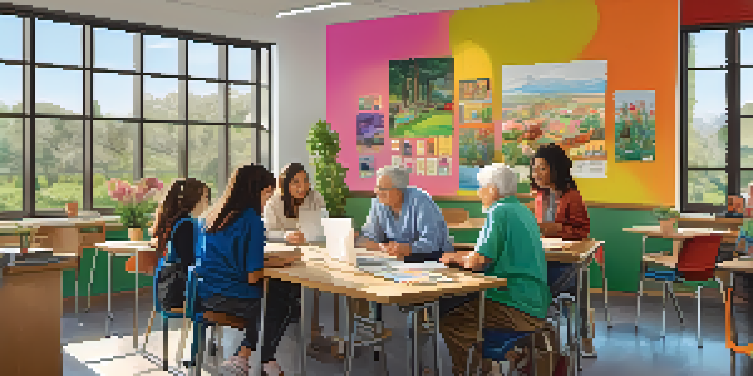 A classroom with students and seniors working together on a laptop, surrounded by educational posters and plants, bathed in natural light.
