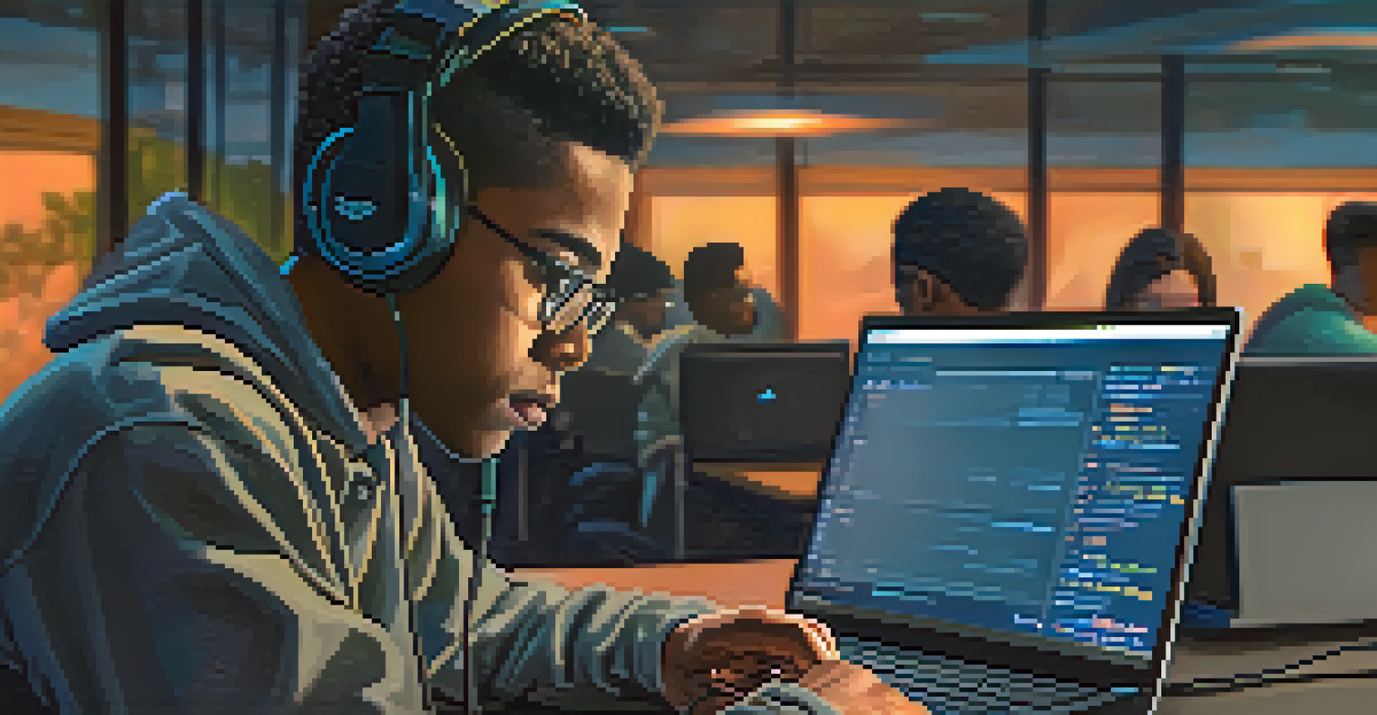 A close-up of a participant focused on their laptop during a coding boot camp, surrounded by a modern learning environment.