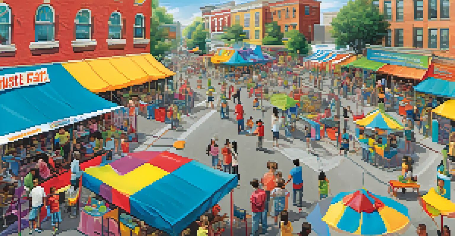 A lively neighborhood safety fair with booths, games, and families participating, fostering community engagement.