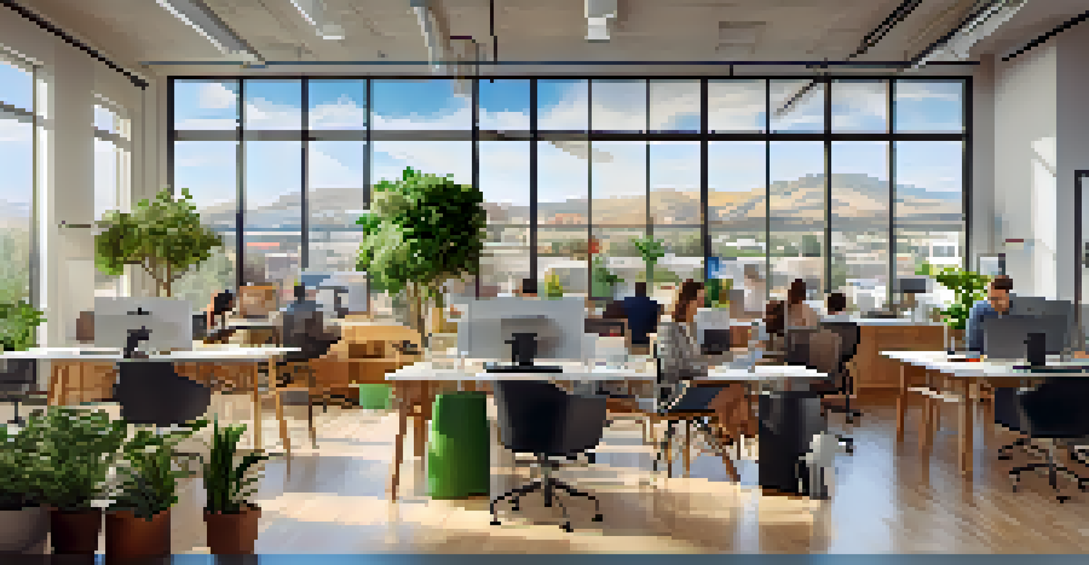 An open startup office workspace in Cupertino, filled with light, plants, and young entrepreneurs collaborating around a table.