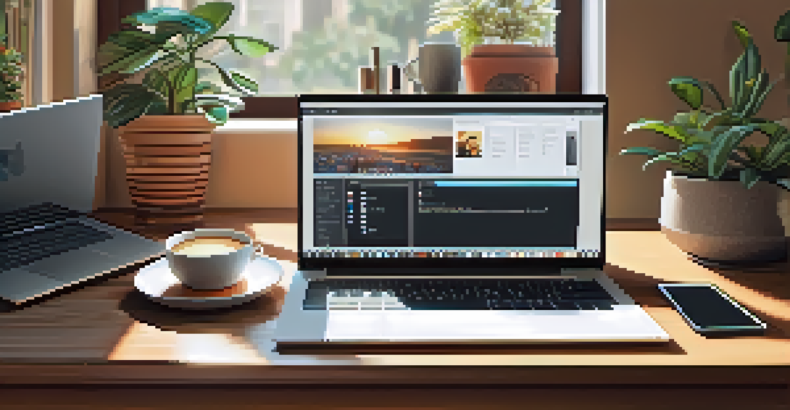 A digital nomad's workspace with a laptop on a desk, surrounded by notebooks and a coffee cup in a cozy room.
