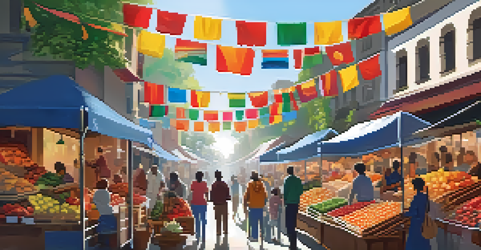 A lively local street market with colorful stalls, people, and a journalist interviewing a vendor.