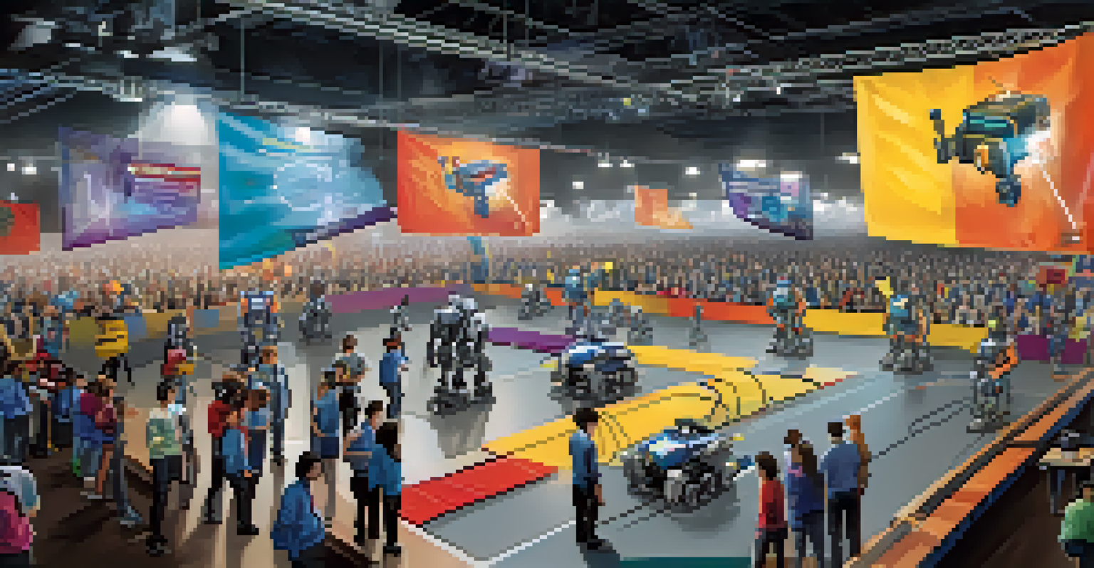 Students participating in a robotics competition, with their robots on a lively competition floor and an audience in the background.