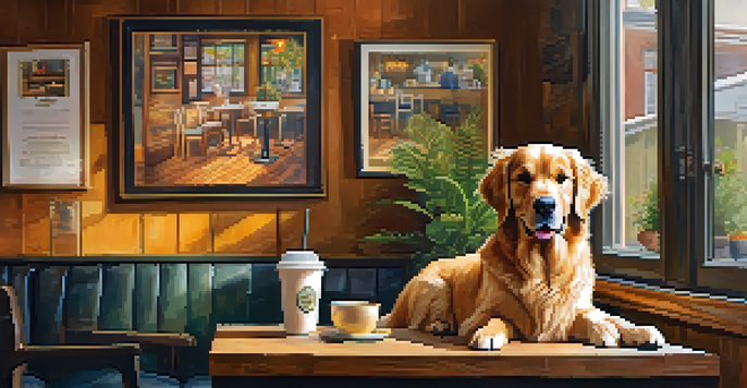 A golden retriever sitting beside its owner at a cafe table, with coffee and a pet treat, surrounded by a cozy cafe atmosphere.
