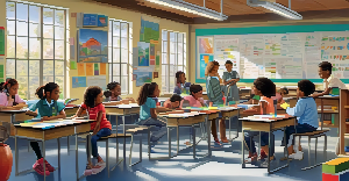 A diverse group of students in a bright classroom working on a science project with a teacher guiding them.