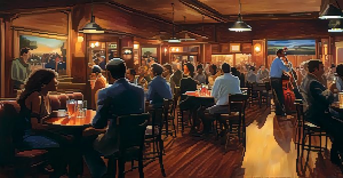 A cozy jazz cafe with a saxophonist performing on stage, patrons enjoying drinks, and warm lighting creating an inviting atmosphere.