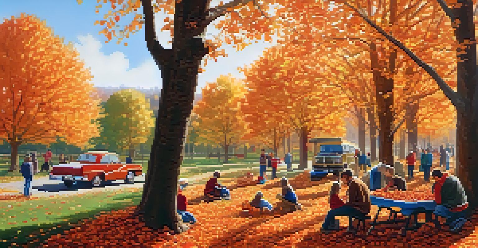A picturesque autumn park filled with colorful leaves, families apple picking, and children playing in the leaves.