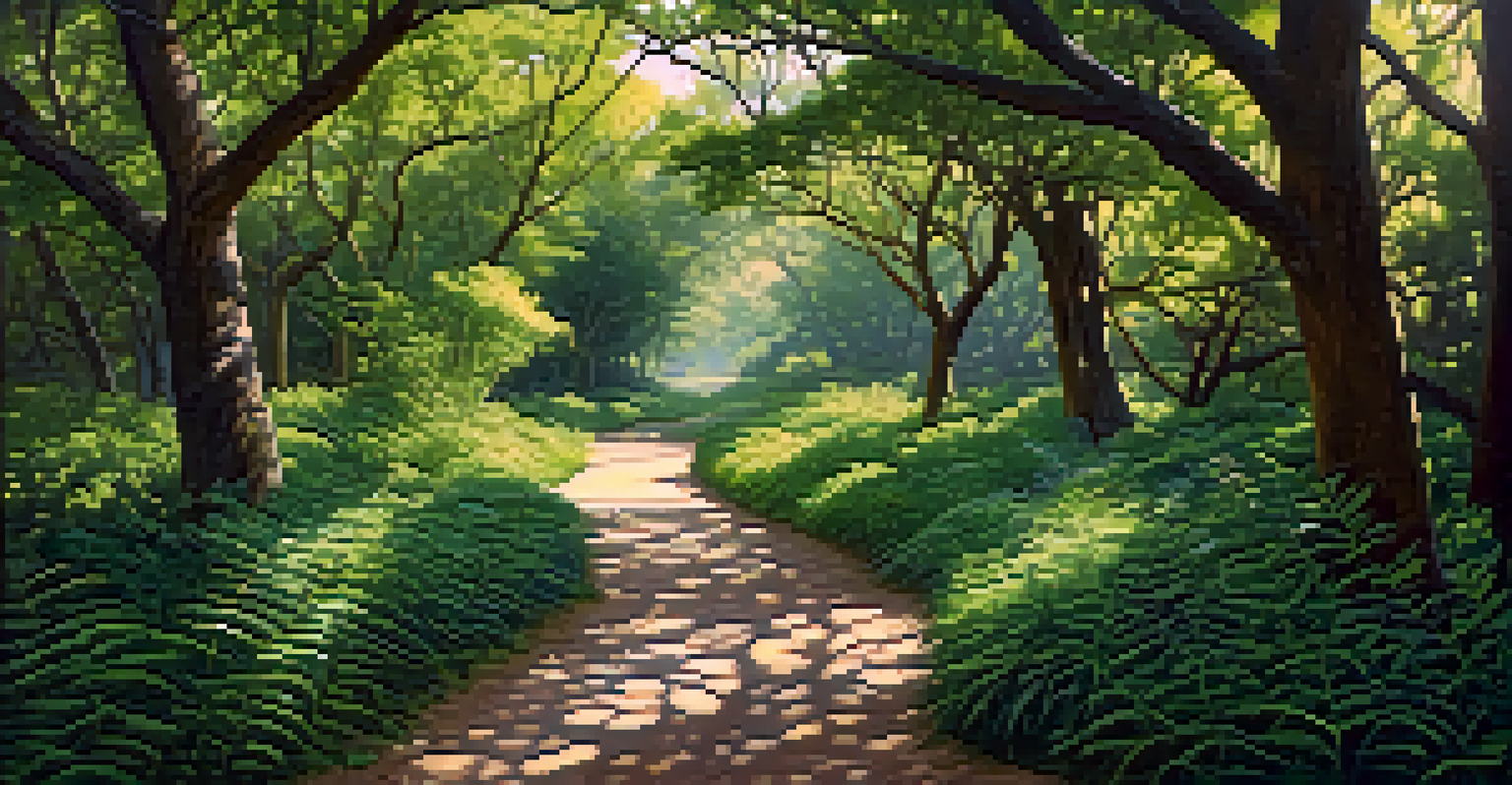 A habitat corridor with trees and shrubs, connecting two habitats, with birds and small animals present.