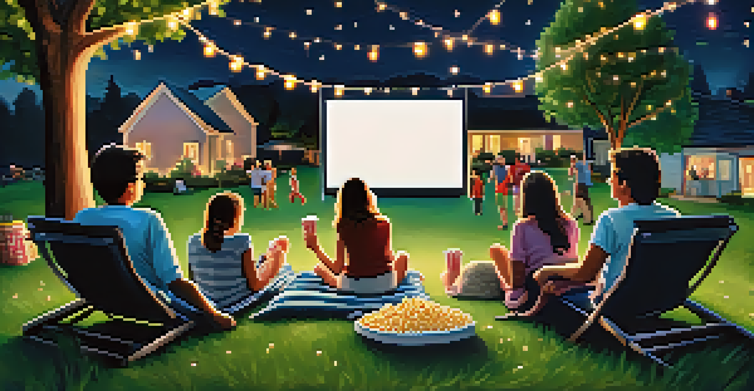 A cozy outdoor movie night with families watching a film under the stars, surrounded by blankets and fairy lights.