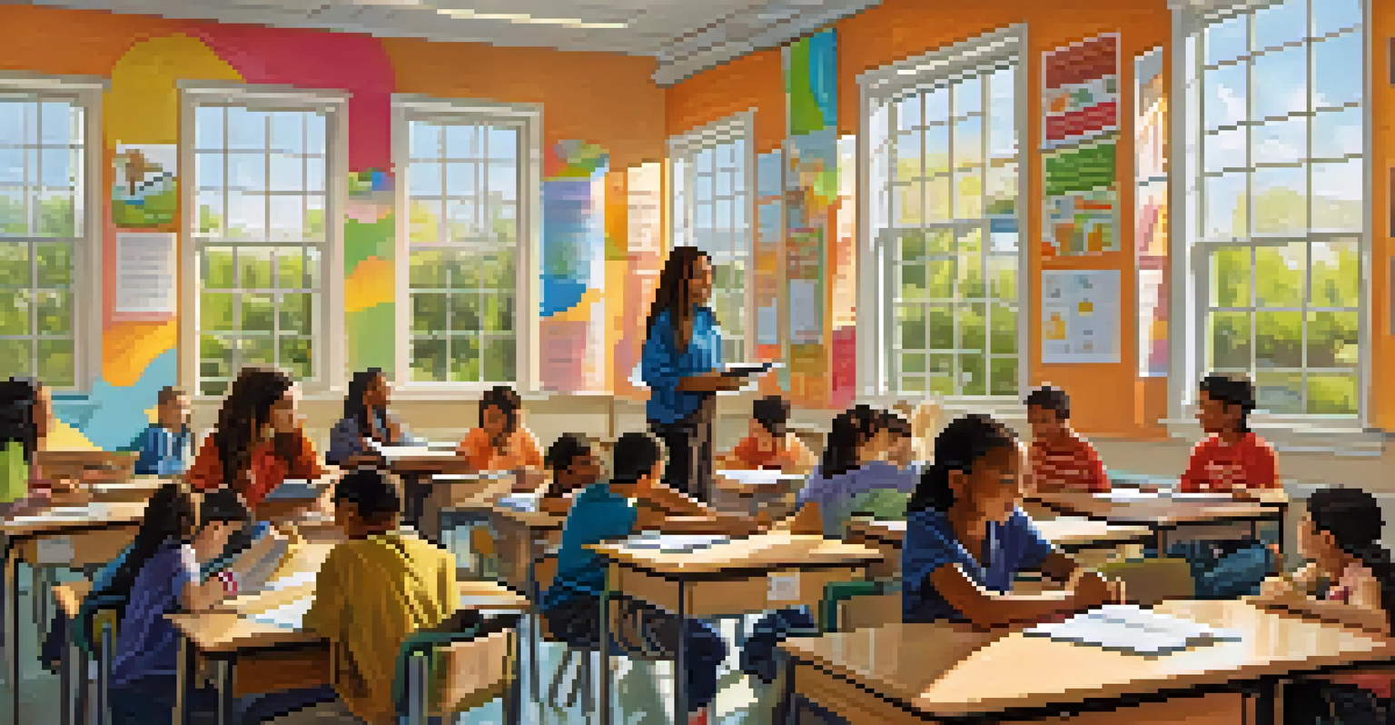 A classroom filled with students working on a group project, with a teacher guiding them and colorful posters on the walls.
