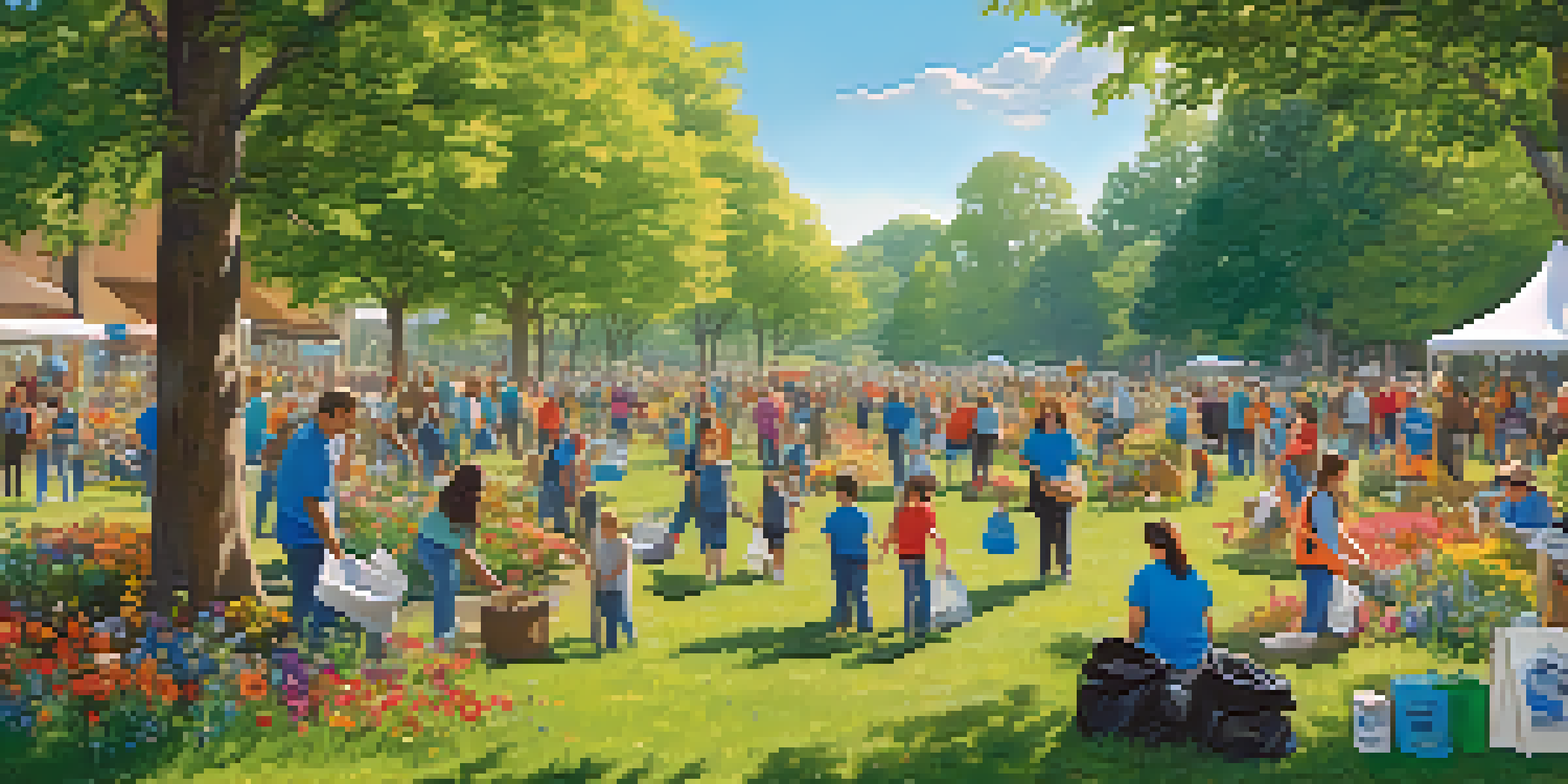 A diverse group of volunteers cleaning up a sunny park, surrounded by greenery and colorful flowers.