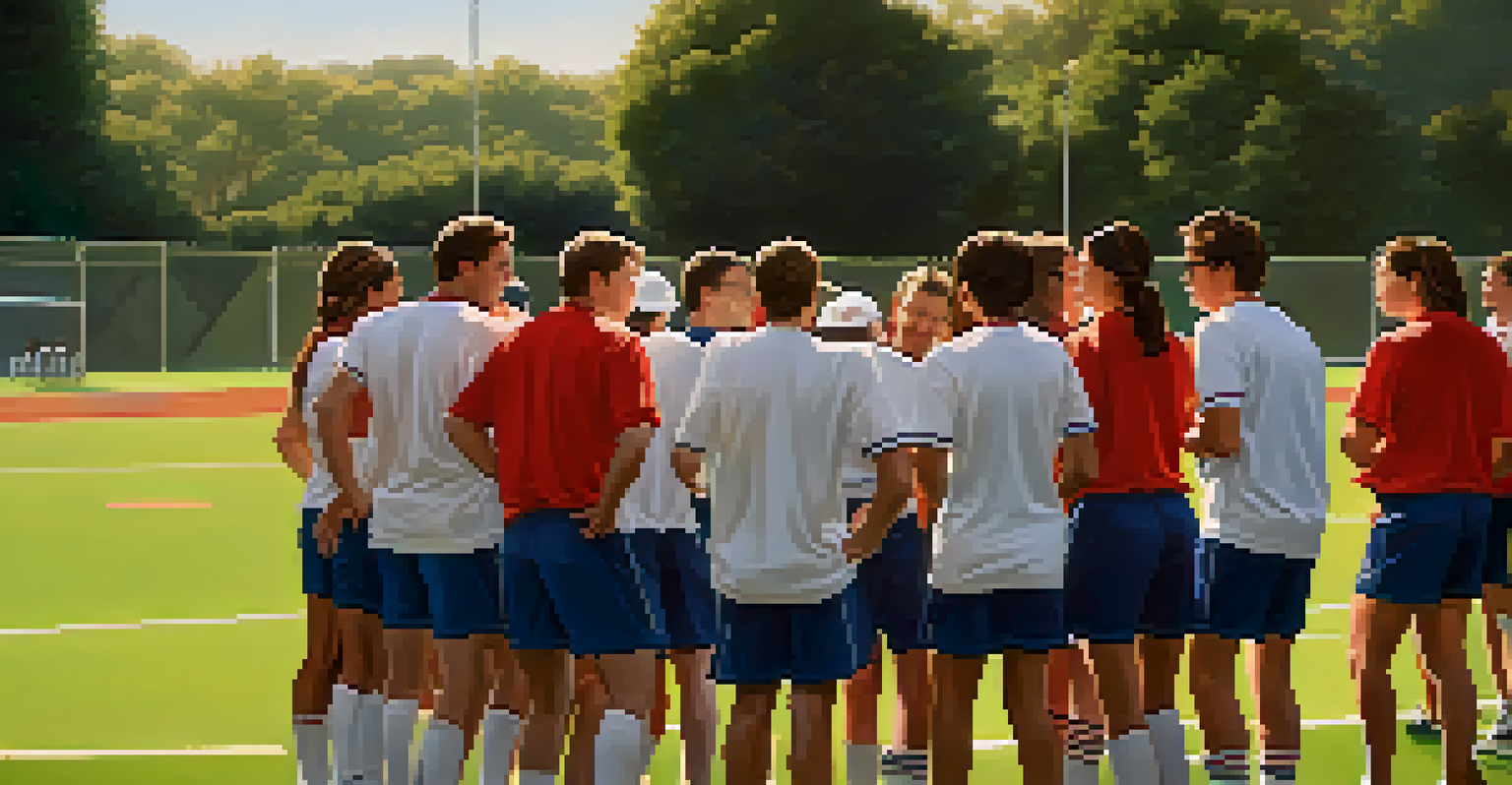 A team huddle during sports practice with players discussing strategies on a sports field, surrounded by greenery in warm evening light.