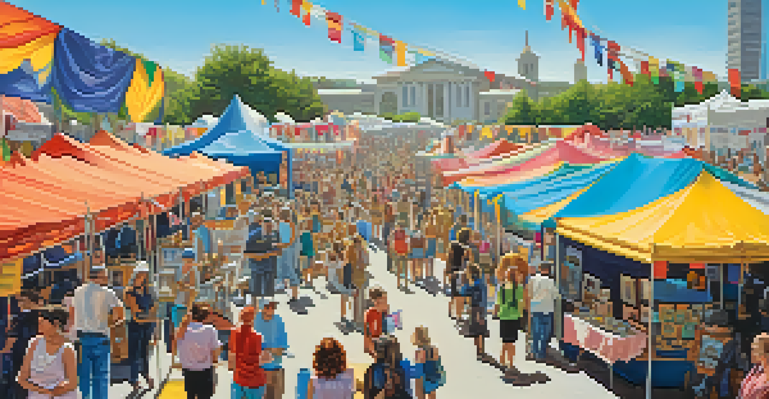 A bustling outdoor art festival with artists displaying their work and visitors exploring the colorful booths, under a bright sky.
