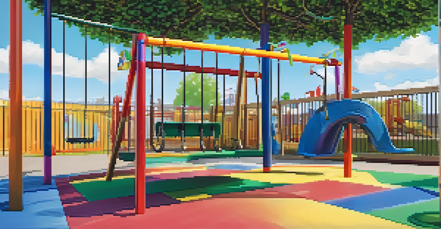 A close-up of a wheelchair-accessible swing set in a vibrant playground, with children playing in the background, all set under a sunny sky with fluffy clouds.