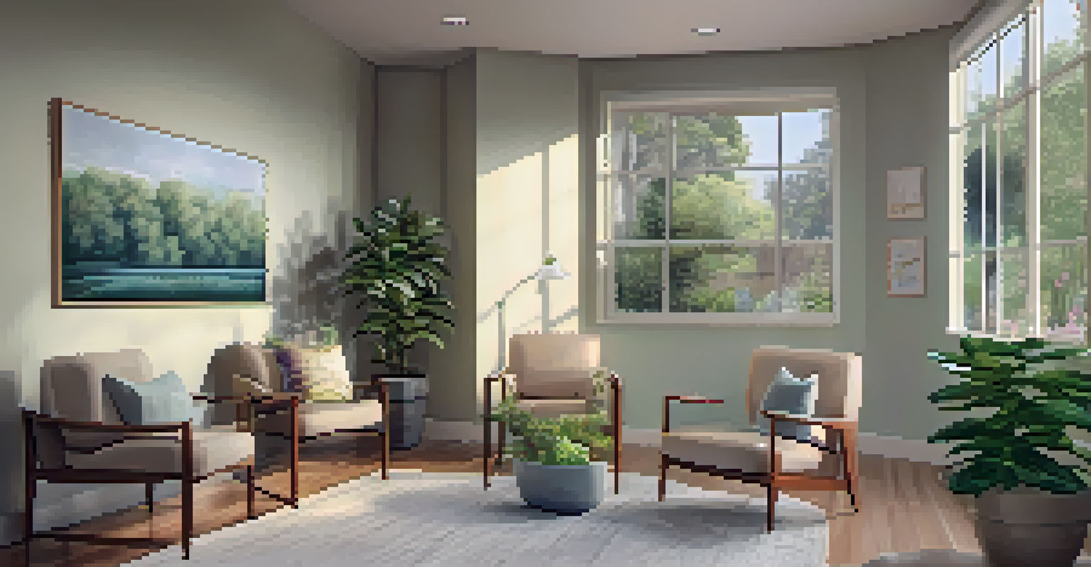 A therapist and client sitting in a cozy counseling office, surrounded by calming decor and natural light.