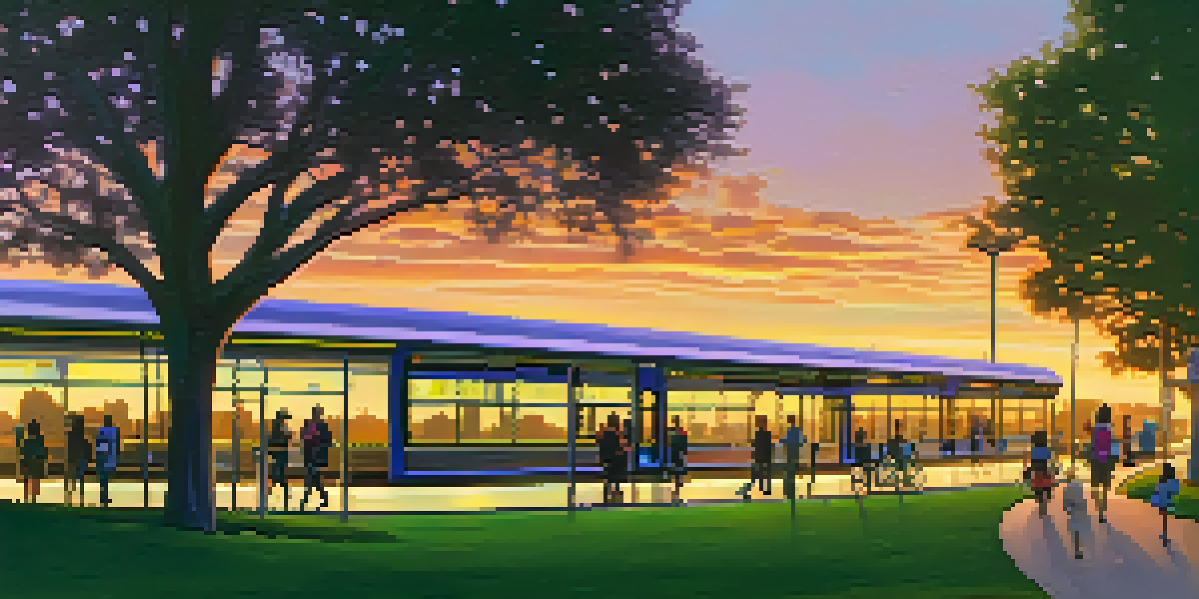 A sunset view of Cupertino with modern buildings, green parks, public transit buses, and cyclists.
