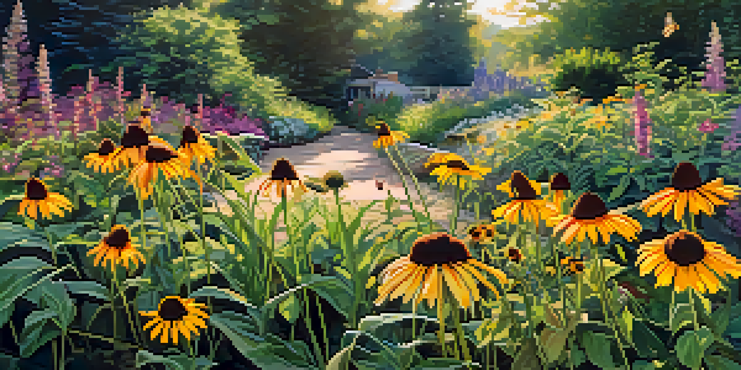 A colorful garden filled with native plants, attracting pollinators, under soft morning sunlight.
