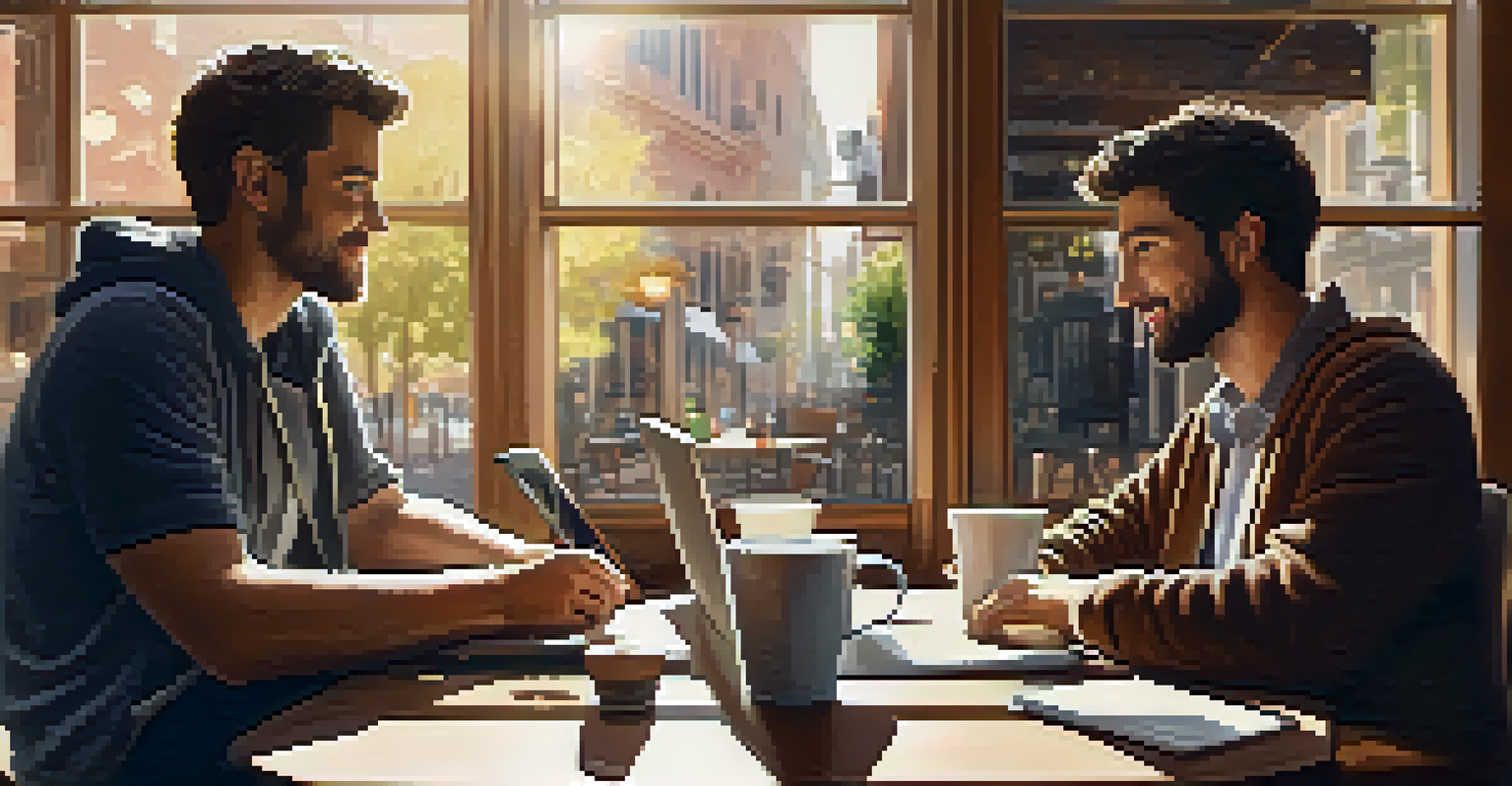Two entrepreneurs having a discussion over coffee in a cozy coffee shop with laptops and notebooks on the table.
