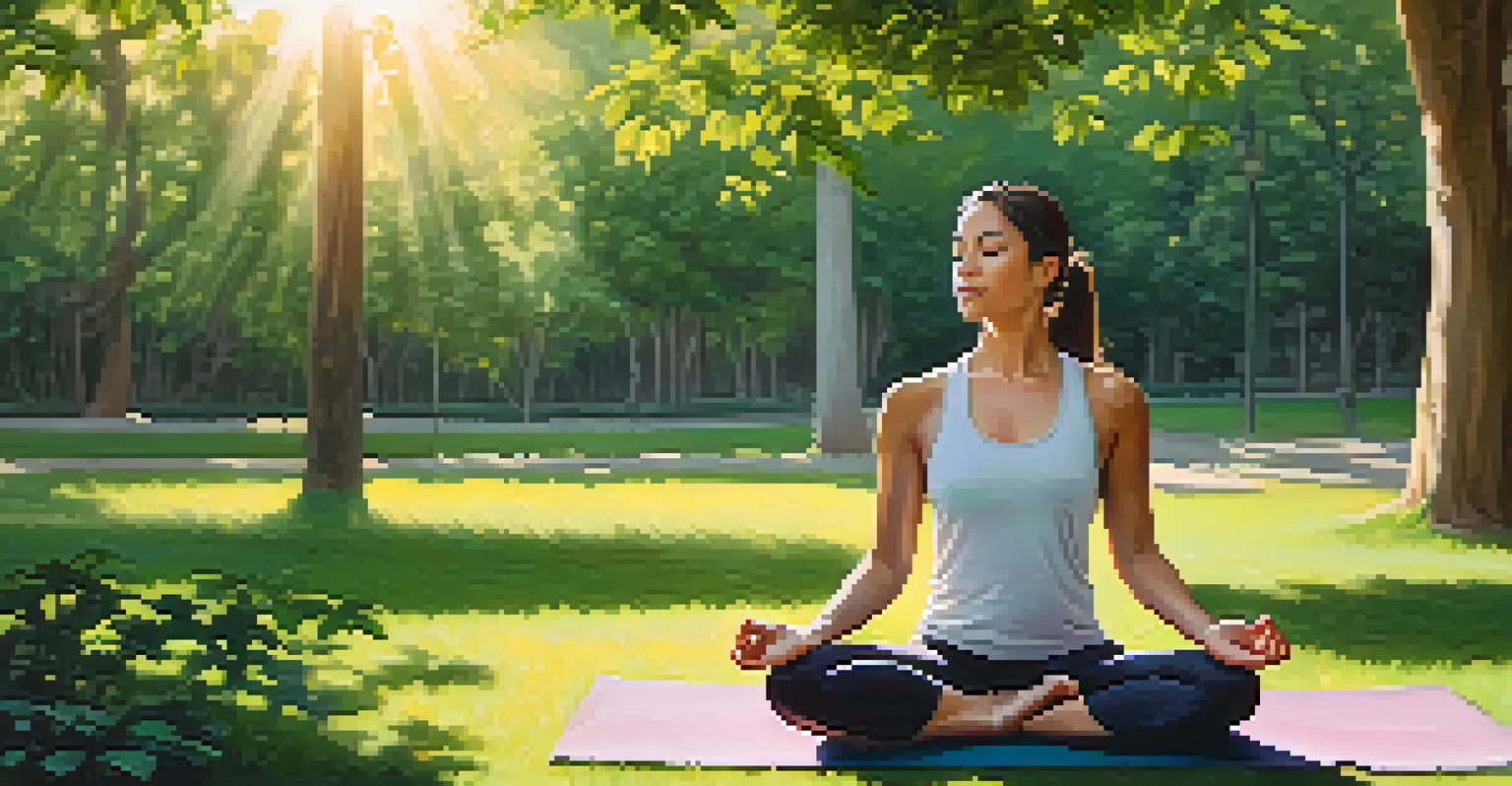 A person practicing yoga in a sunlit park, seated in meditation on a yoga mat surrounded by trees.