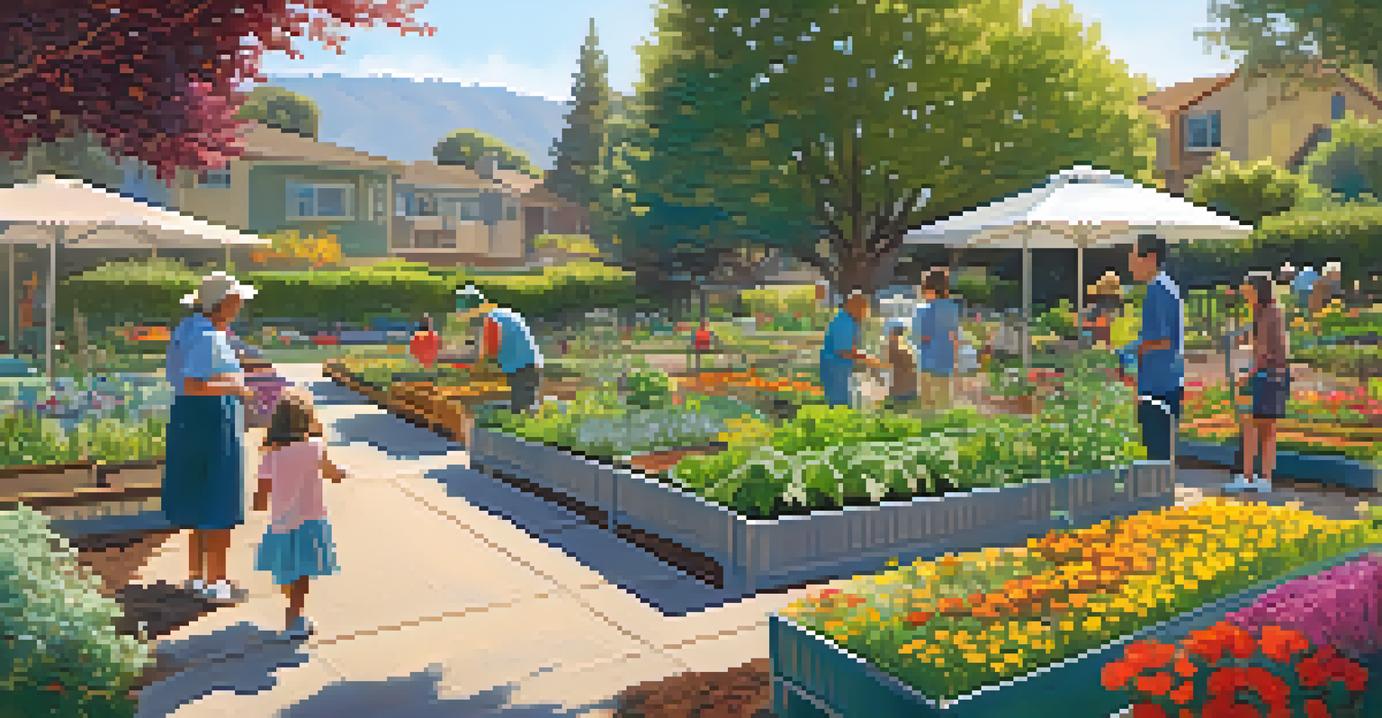 A community garden in Cupertino with diverse residents tending to vibrant plants and flowers in a sunny setting.