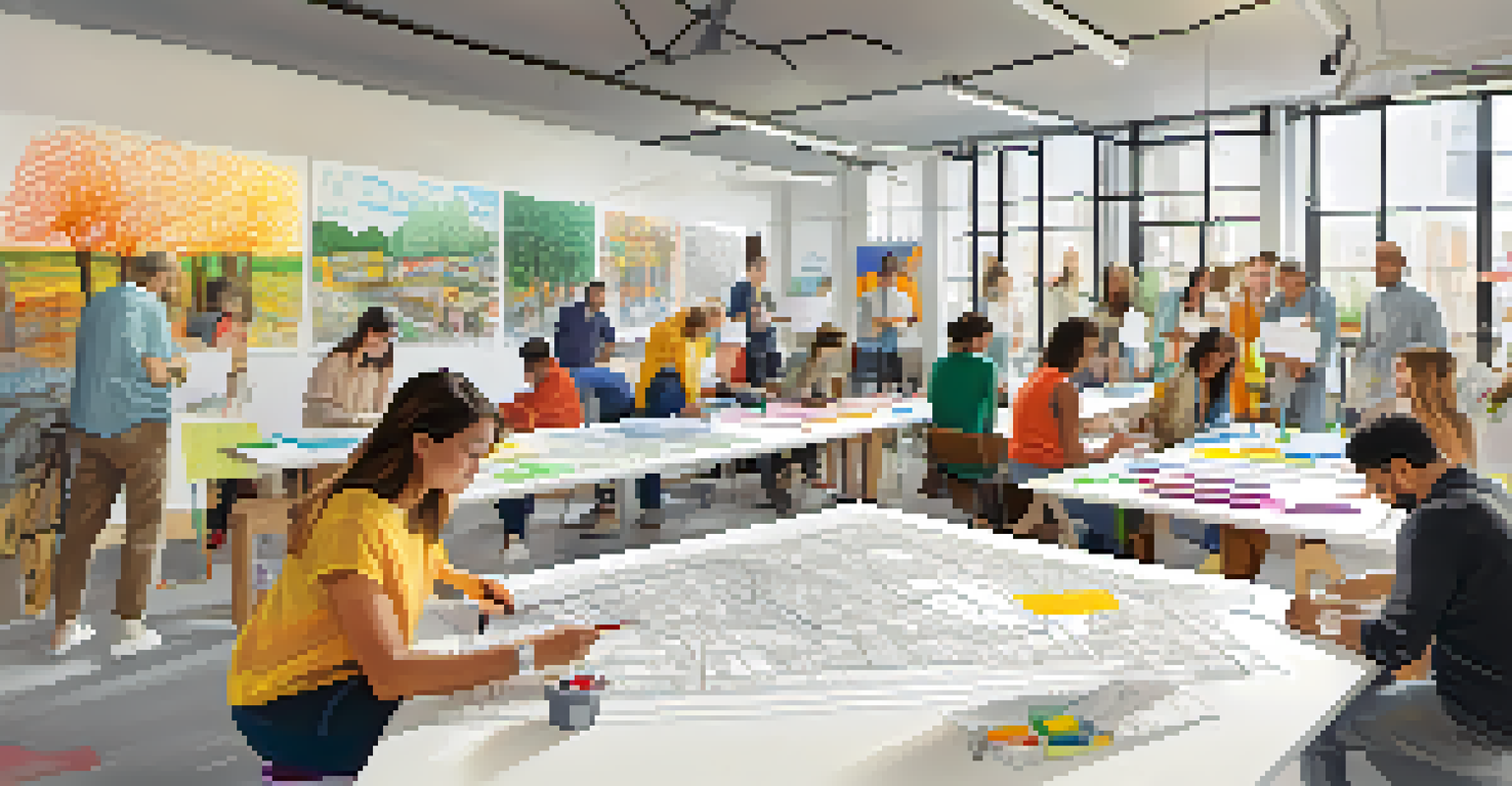 Residents collaborating in a workshop to design new bike lanes, with sketches and colorful materials around them.