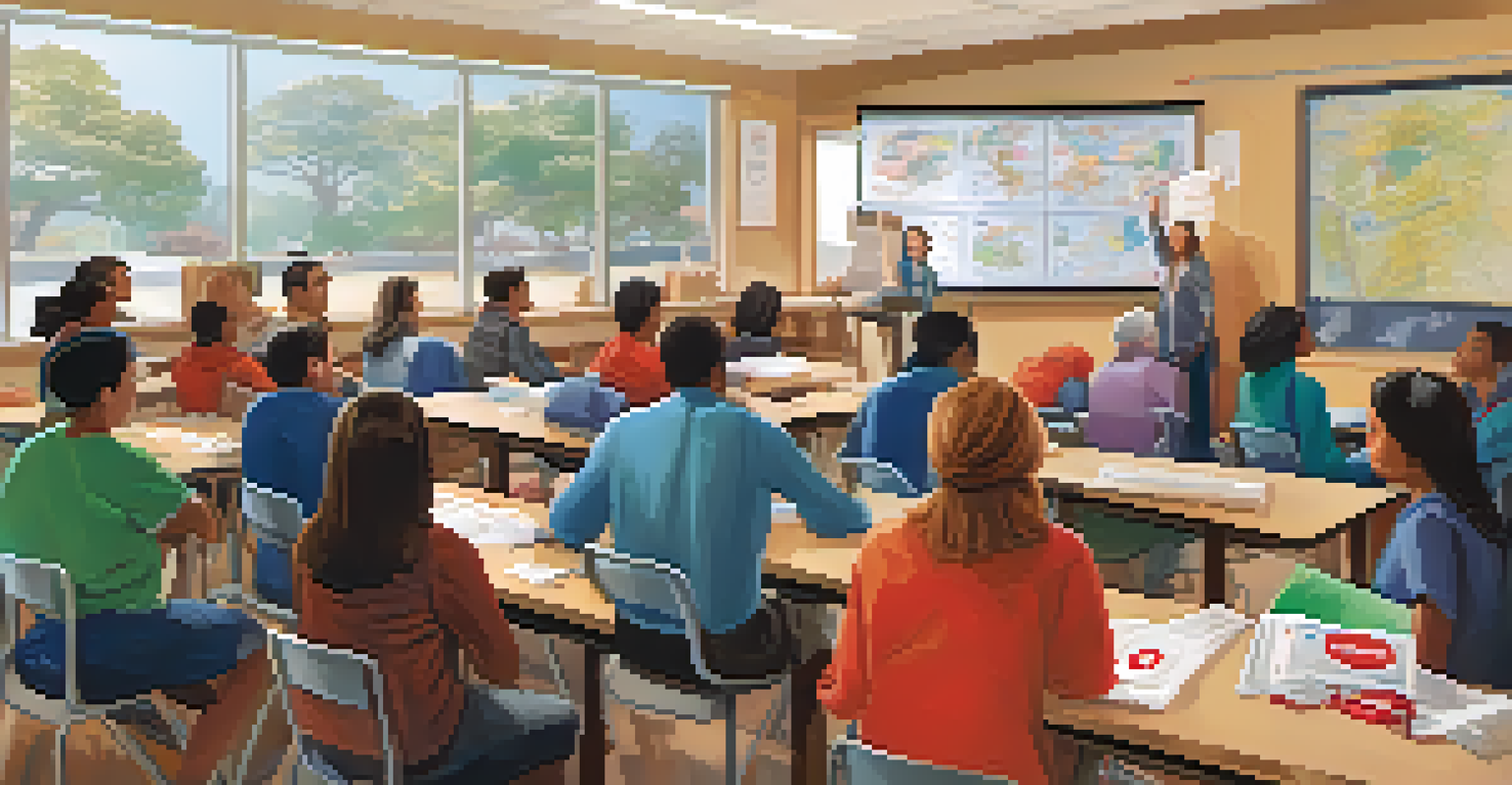 Participants in a classroom setting during an emergency preparedness training session in Cupertino, learning about first aid and emergency kits.