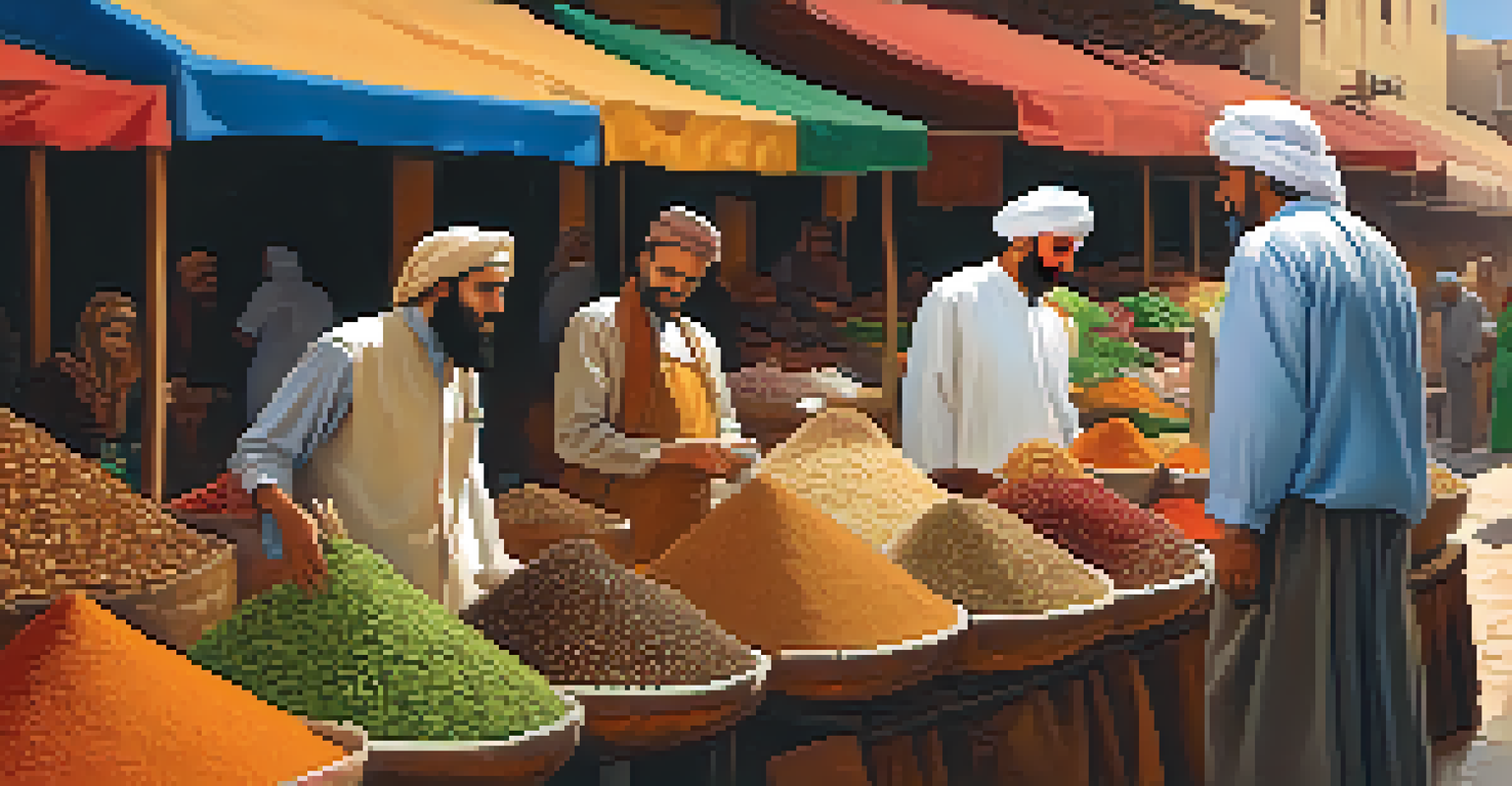 A welcoming Middle Eastern market filled with colorful spices and fresh produce, showcasing community interaction.