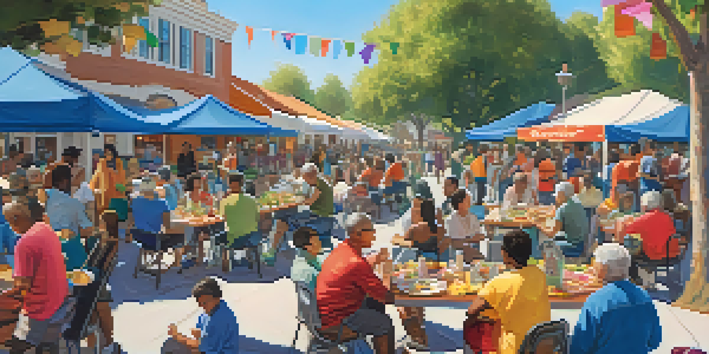 A lively community event in Cupertino with diverse residents interacting, food stalls, and colorful decorations.