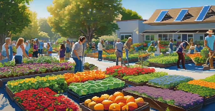 A diverse group of residents working in a vibrant community garden with flowers and vegetables, solar panels in the background and a clear blue sky.