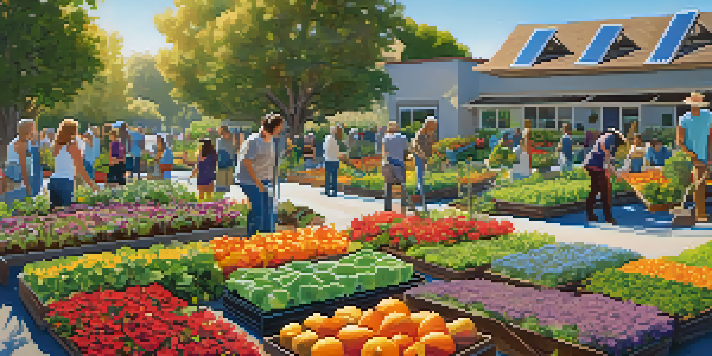 A diverse group of residents working in a vibrant community garden with flowers and vegetables, solar panels in the background and a clear blue sky.