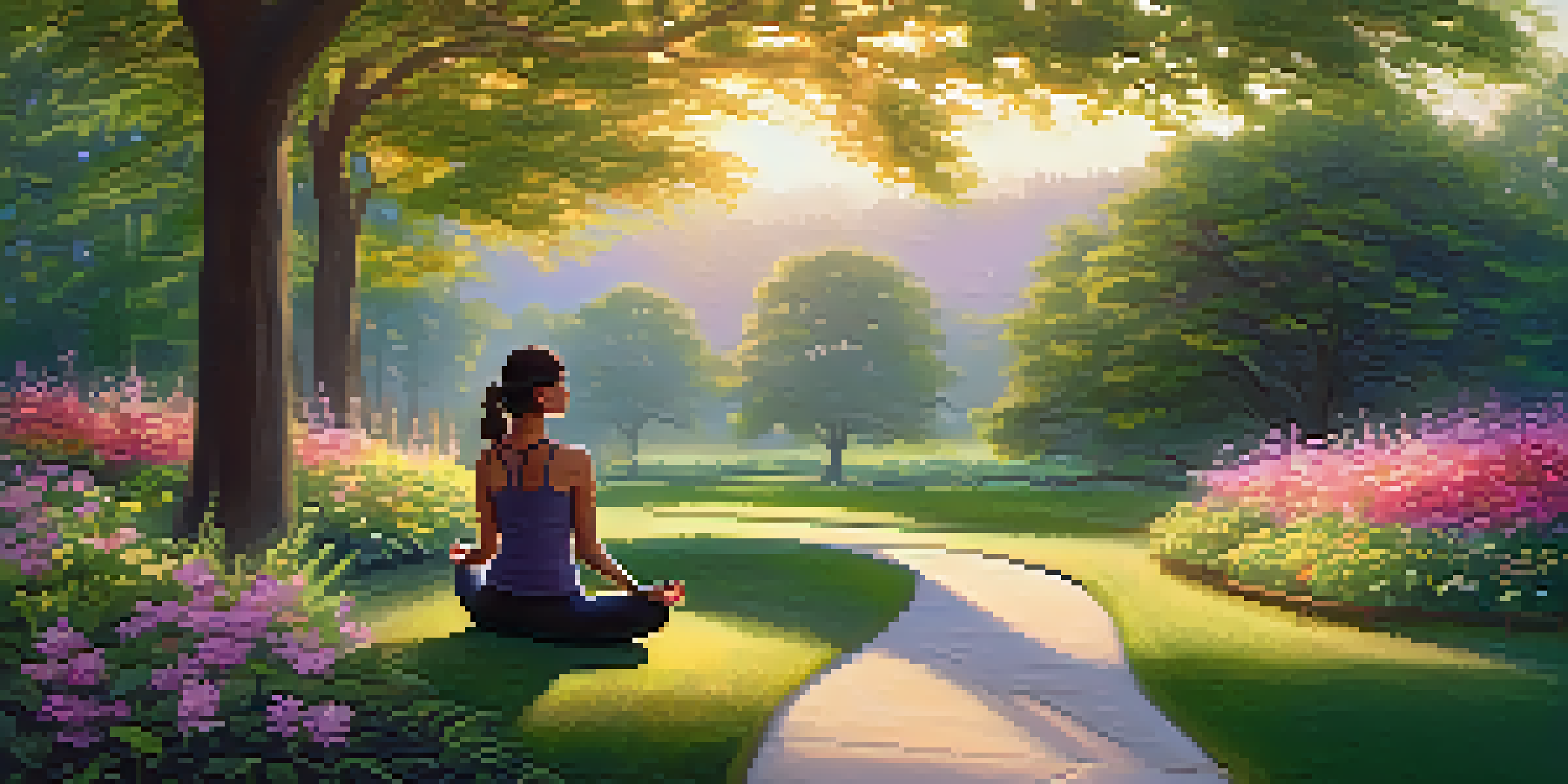 A peaceful park at sunrise with a person practicing yoga on a mat surrounded by flowers and trees.