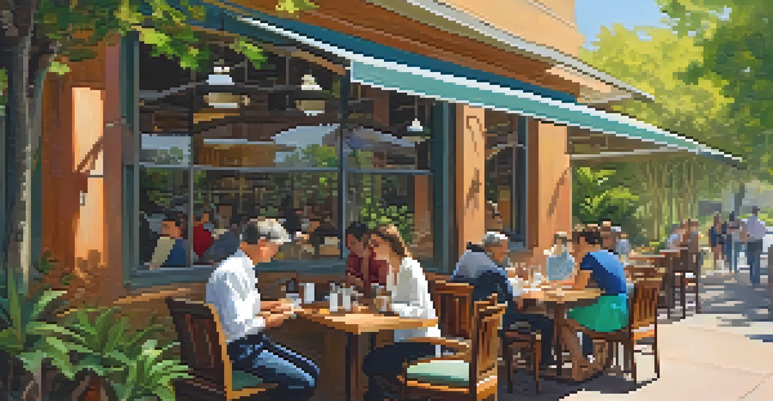 A cozy outdoor cafe in Cupertino with diners enjoying plant-based meals surrounded by greenery.