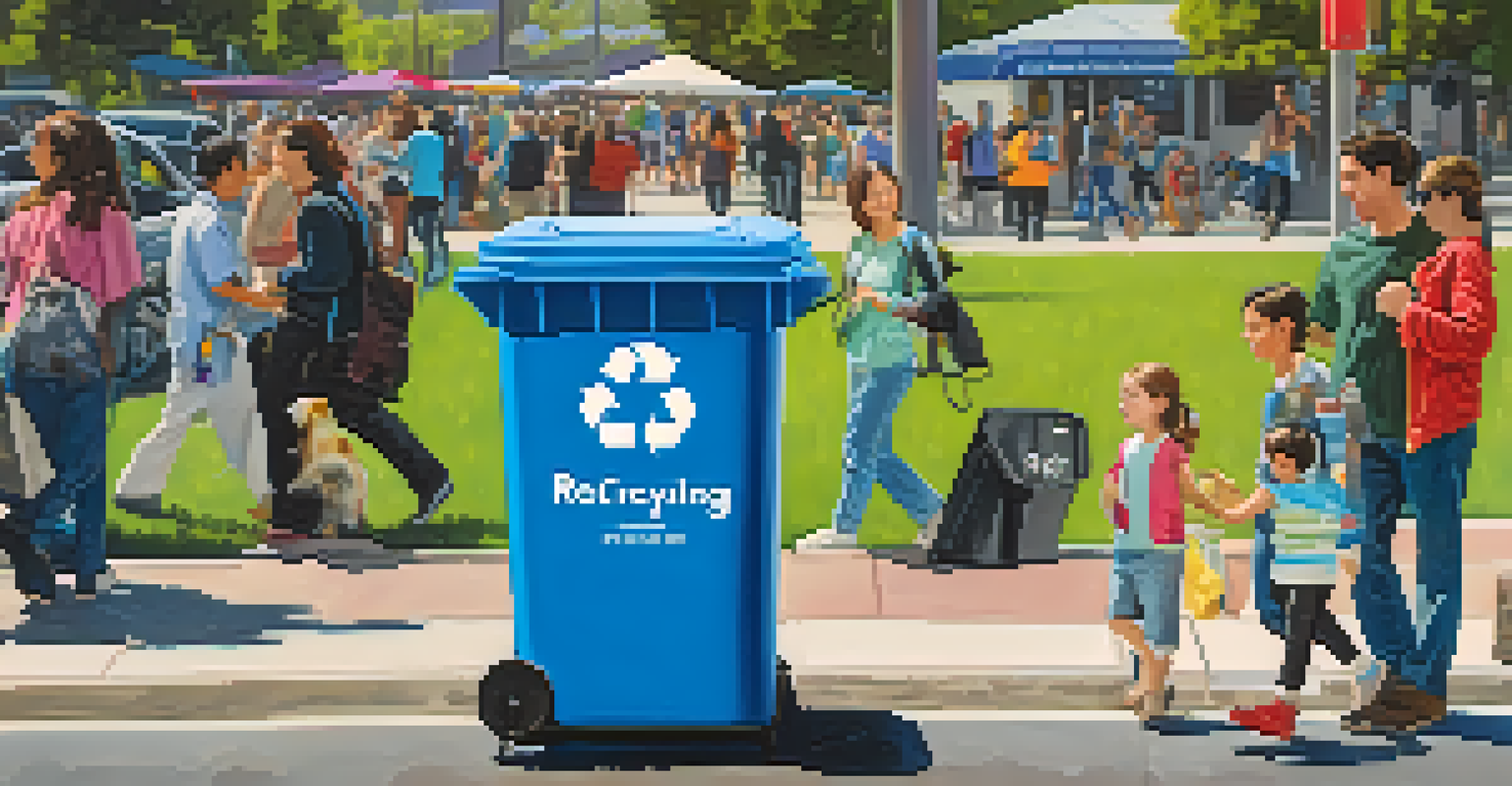 A colorful recycling bin for different types of plastics on a busy street in Cupertino, with people walking by and engaging with the recycling initiative.
