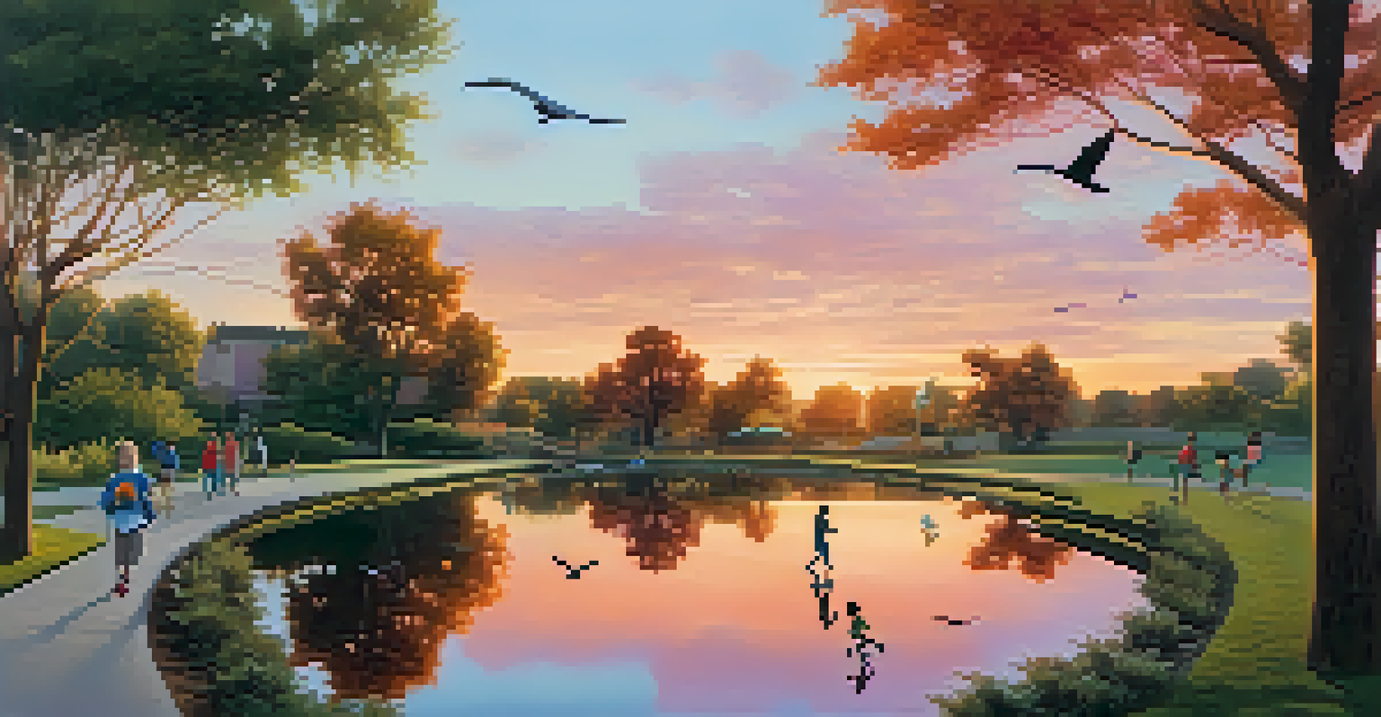 An urban park at sunset with children playing and joggers on the paths, a tranquil pond surrounded by native plants, and birds flying above.