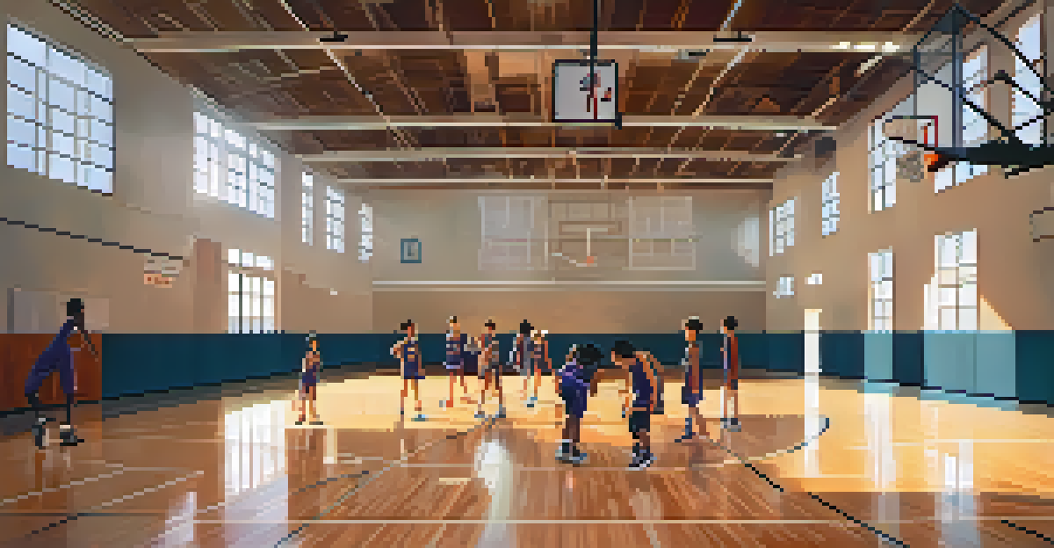 Young athletes practicing basketball in a gym, with a coach giving instructions and a scoreboard in the background.