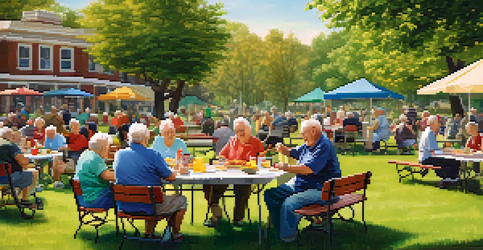 Seniors gathered in a park, enjoying a meal together at picnic tables, surrounded by flowers.