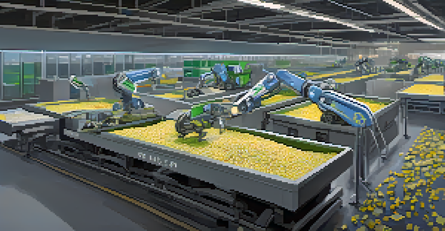 A high-tech waste management facility in Cupertino with robots sorting recyclables on a conveyor belt, illuminated by bright industrial lighting.