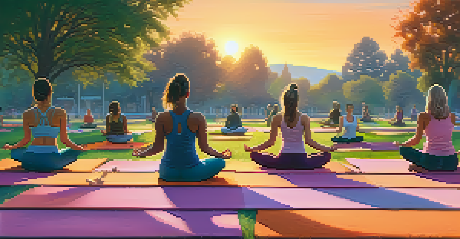 Participants practicing yoga outdoors at sunset, with colorful mats on the grass and a tranquil atmosphere.