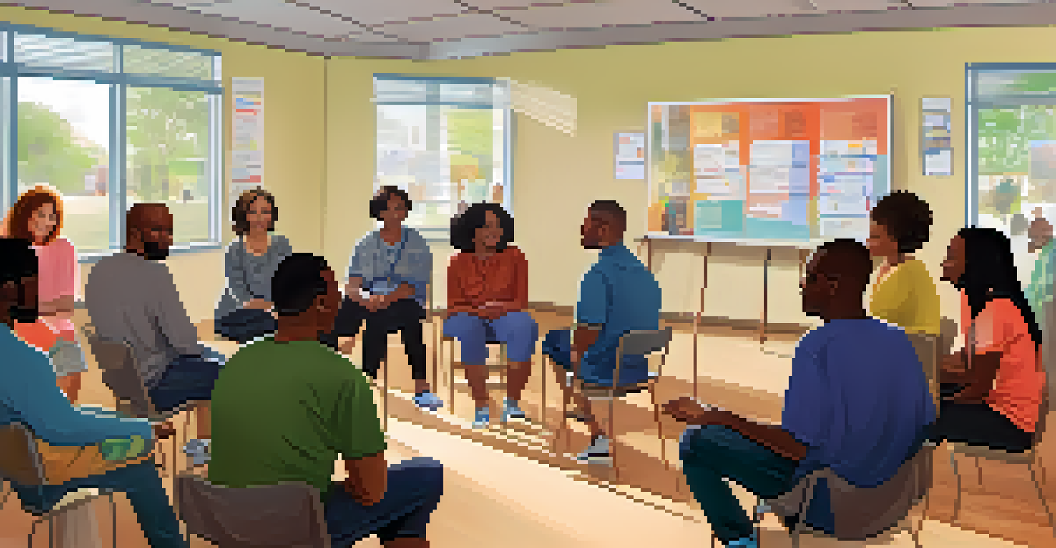 A diverse group of participants sitting in a circle in a community center, engaged in conversation about mental health, with motivational posters on the walls.