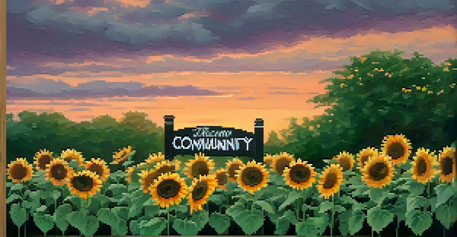 A peaceful sunset over a community garden with sunflowers and a sign, showcasing vibrant colors and greenery.