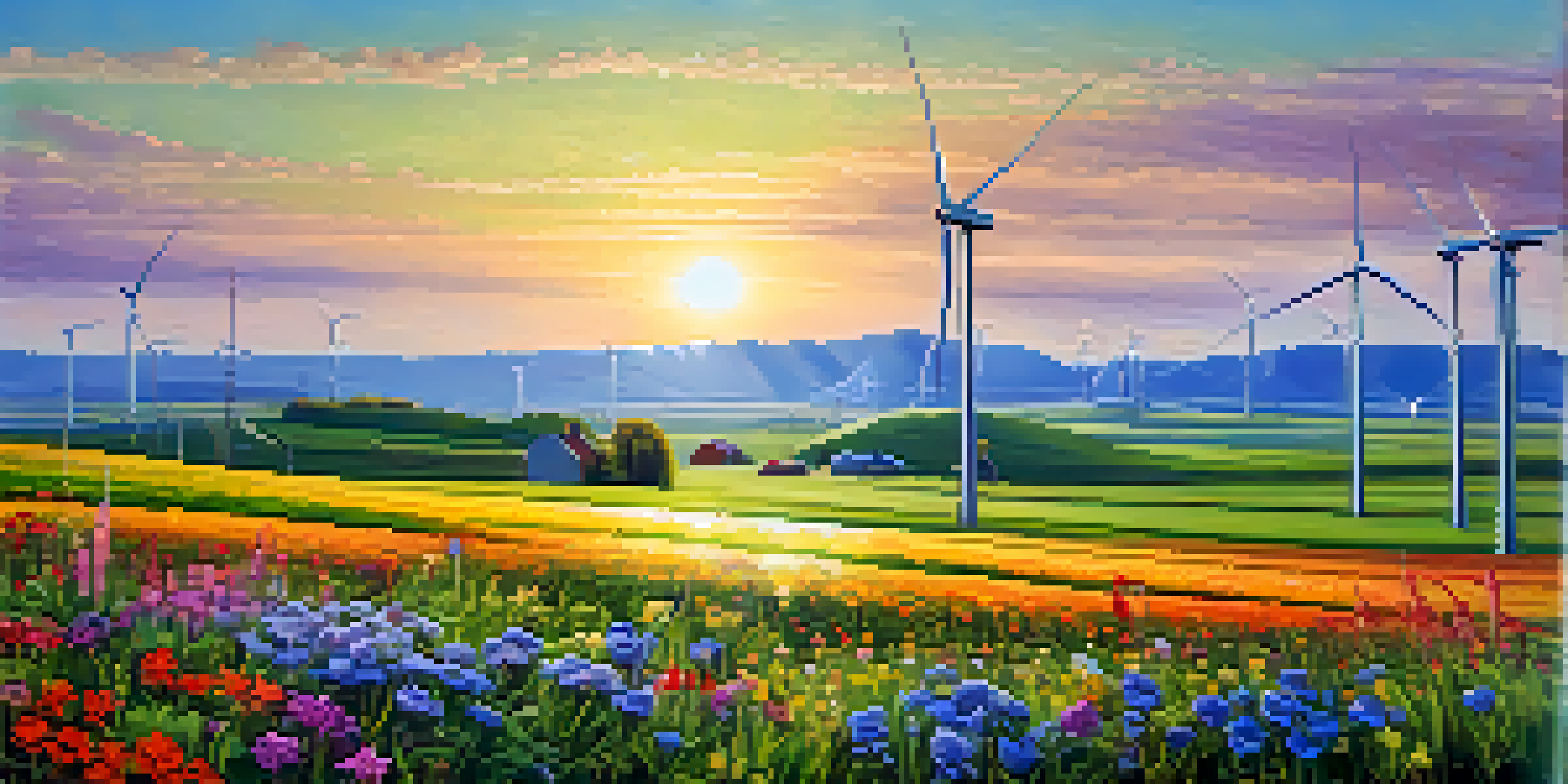 A landscape featuring a solar farm and wind turbines, with wildflowers in the foreground, representing renewable energy and nature.