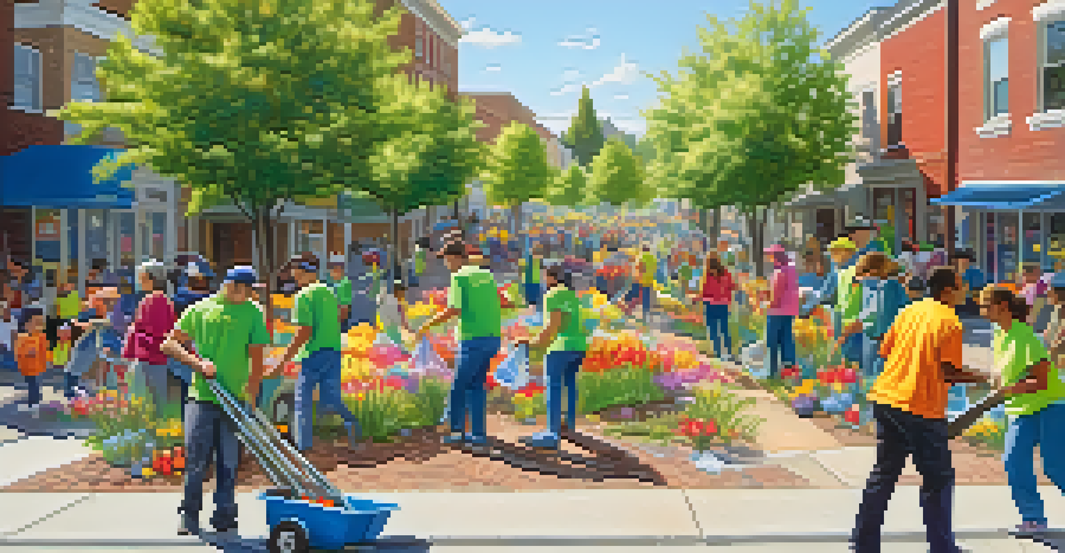 Residents participating in an outdoor community clean-up event, picking up litter and planting flowers in a cheerful atmosphere.