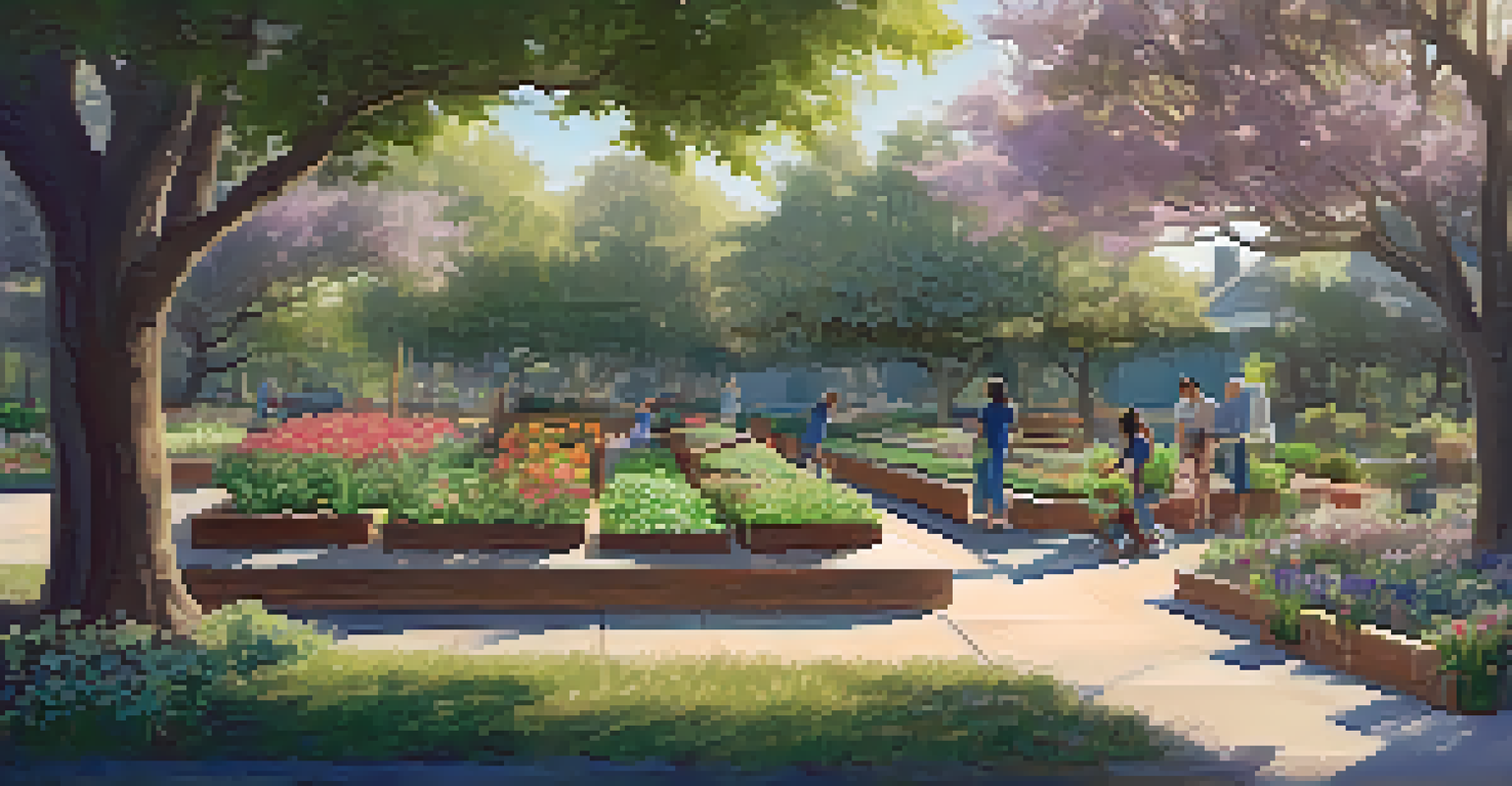 Residents engaged in gardening activities in a community garden, with a picnic area under a flowering tree, illuminated by soft sunlight.