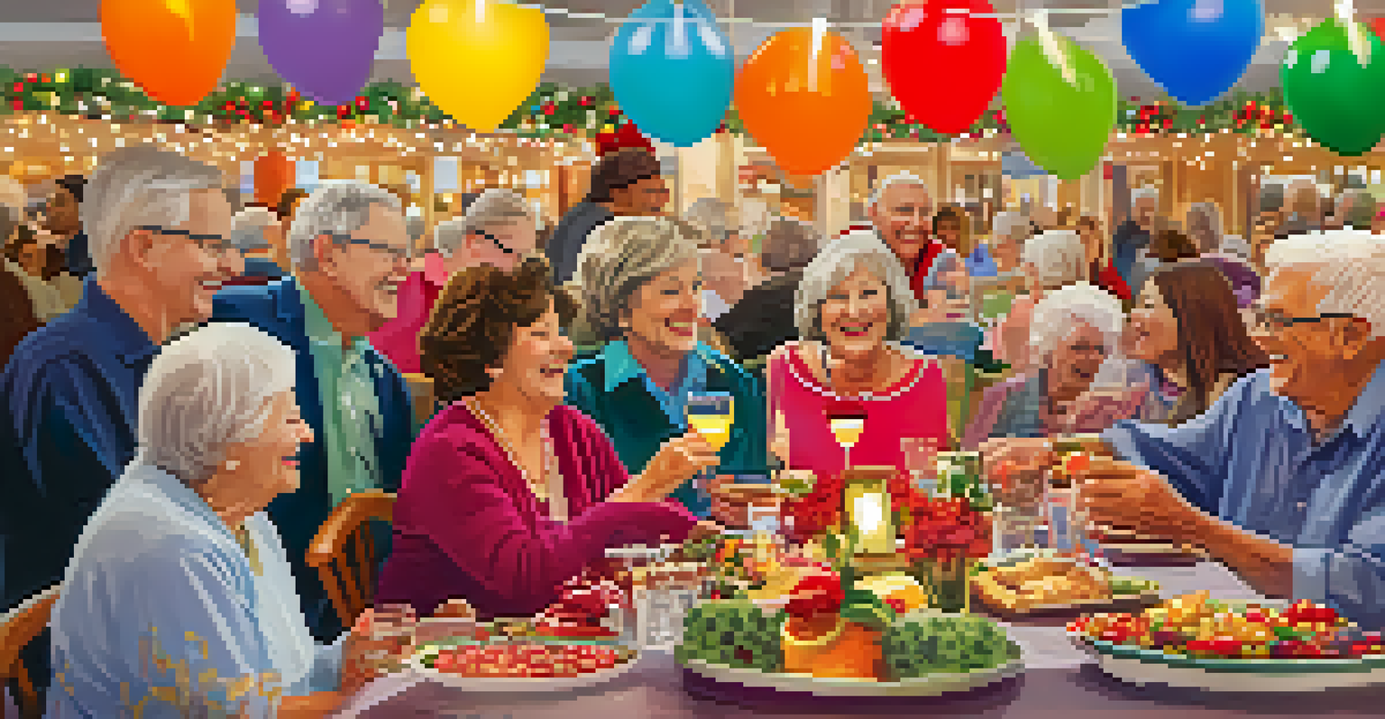 Seniors celebrating a holiday event, enjoying food, games, and festive decorations.