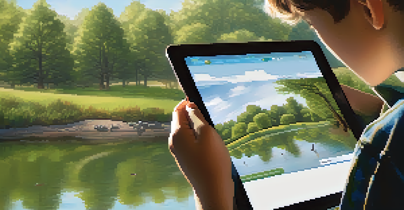 A student using a tablet to track local wildlife in a park, with trees and a pond in the background, highlighting the student's focus and the surrounding nature.