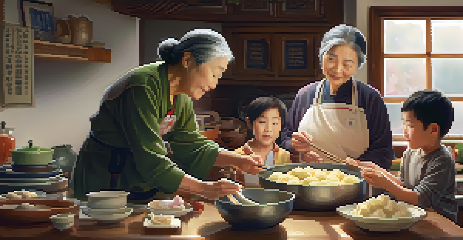 A Chinese grandmother teaching her American-born grandchildren how to make dumplings in a warm, inviting kitchen.