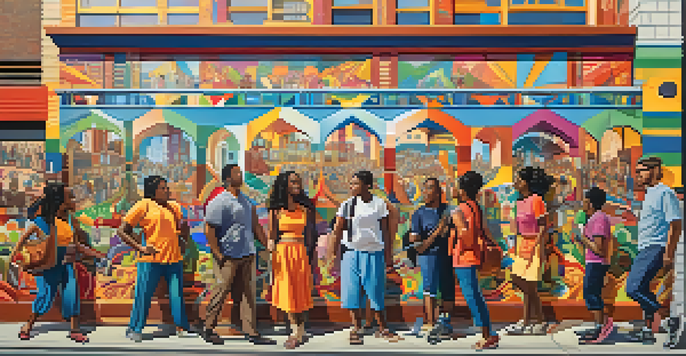 A colorful mural depicting a diverse group of people engaged in community activities in a city setting.