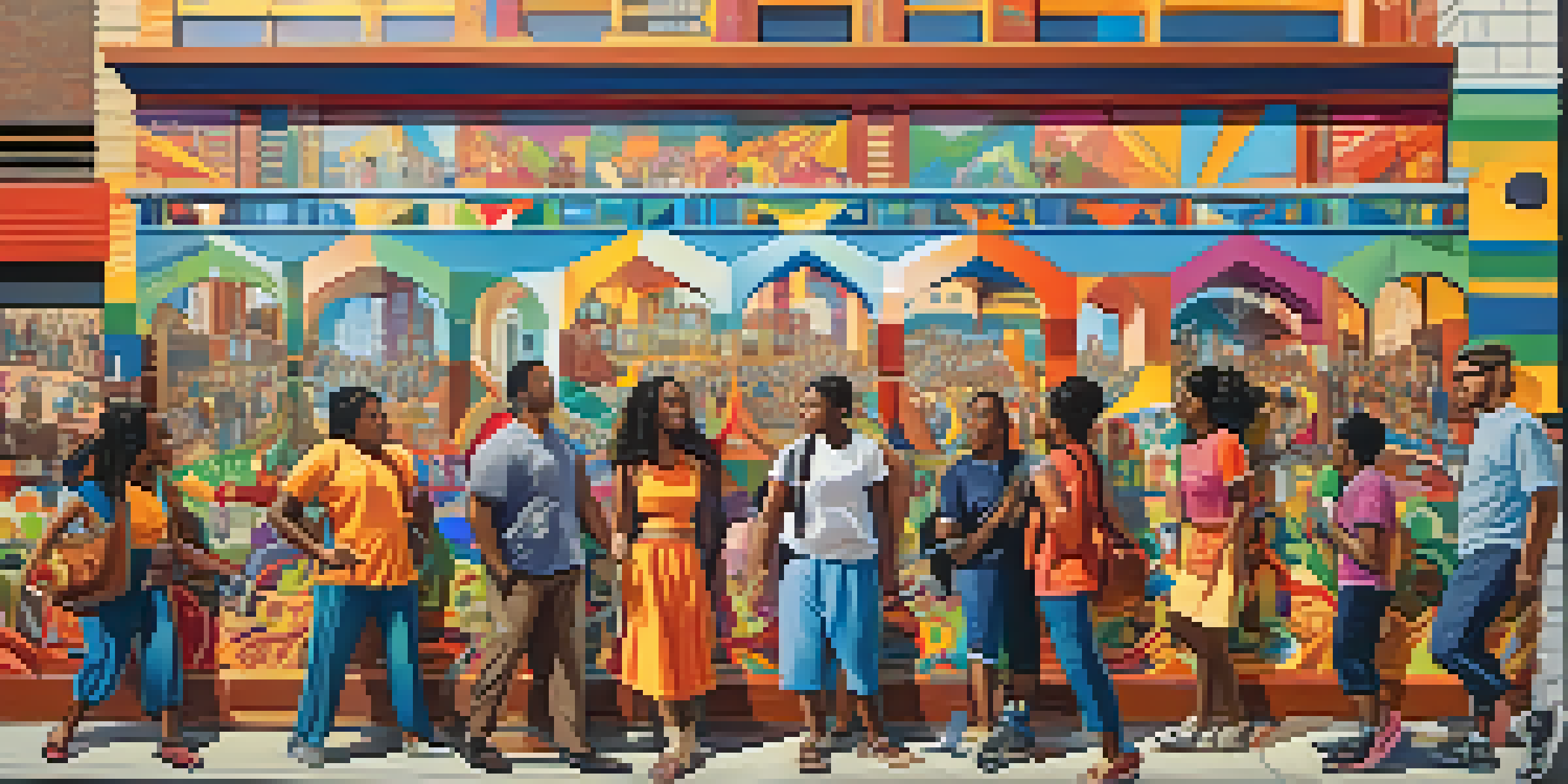 A colorful mural depicting a diverse group of people engaged in community activities in a city setting.