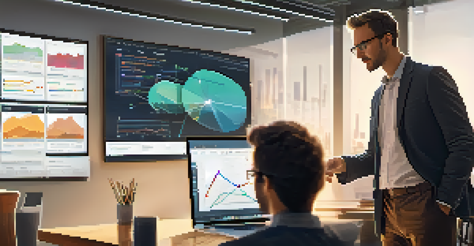 A mentor providing guidance to a young professional at a tech workshop, with charts and analytics on a laptop screen.
