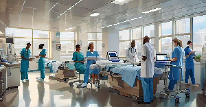 A modern hospital scene where healthcare workers are discussing patient data on digital tablets, with large windows allowing sunlight to illuminate the room.